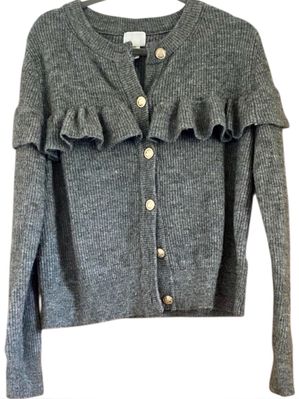 H&M Gray Ruffle Cardigan Gold Button Ribbed Wool Blend Sweater S